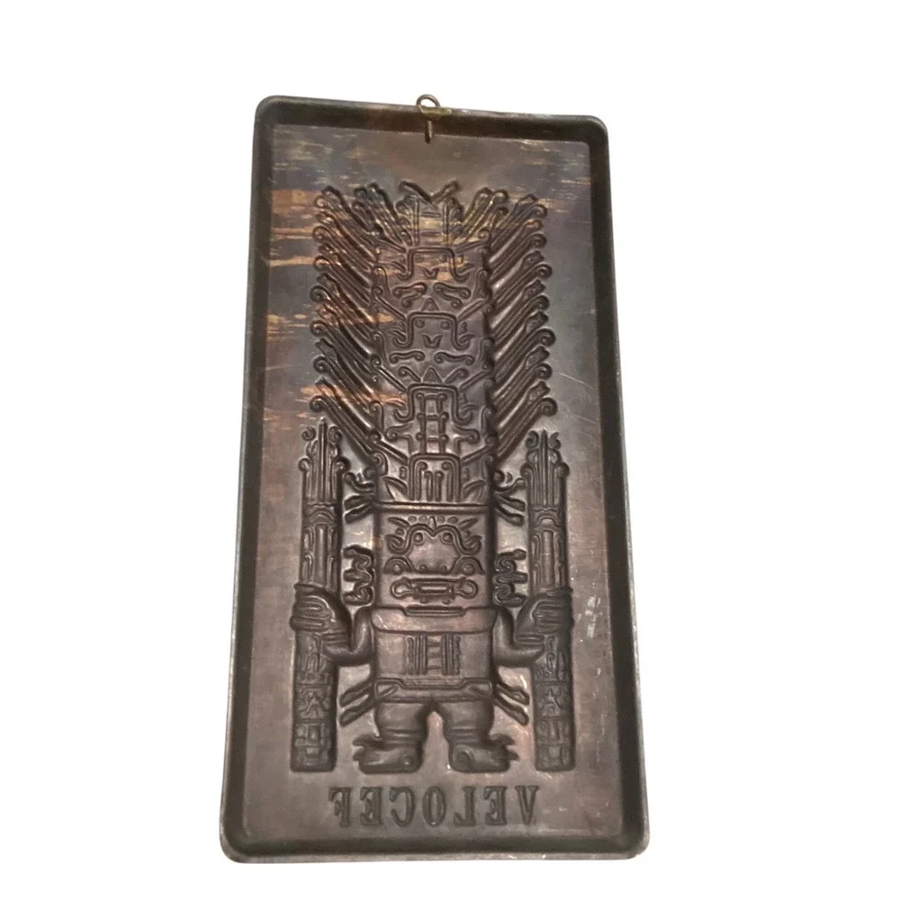 Vintage Velocef Copper Relief Aztec Incan Deity Wall Plaque Metal Art 8.5x4.25